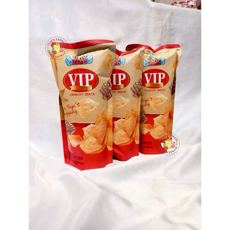 Happy Island Vip Chips Crunchy Snack Rasa Sapi Panggang (1 slop isi 10pcs)