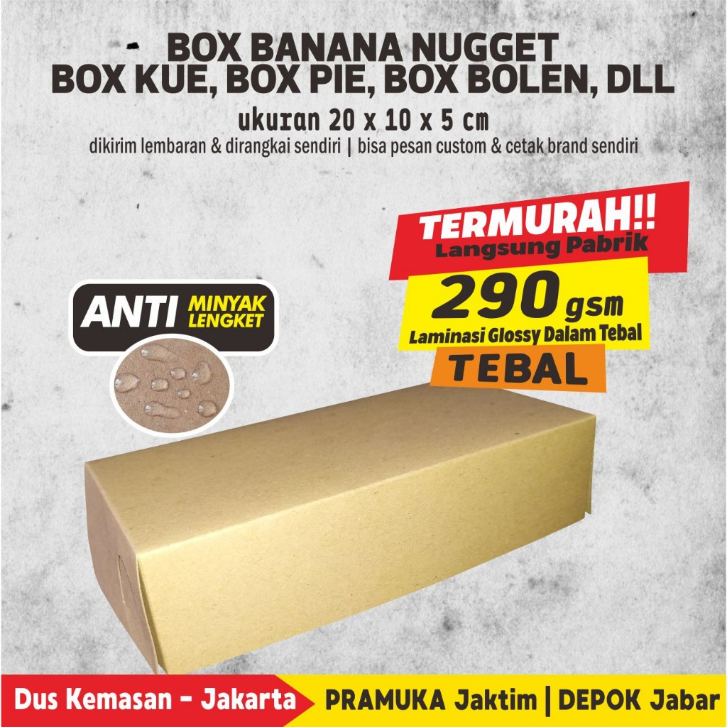 

Box Banana Nugget 20 x 10 x 5 Polos Kraft Laminasi