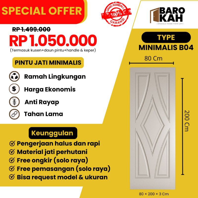 Satu Set Pintu Modern Jati (pintu+kusen) Tipe Minimalis B04 || 80×200×3Cm /Pintu Utama/Pintu