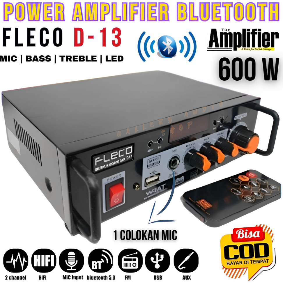Power Amplifier Bluetooth Fleco D-13 600W | Audio Penguat Suara Extra Bass & Treble | Ampli Fleco D-