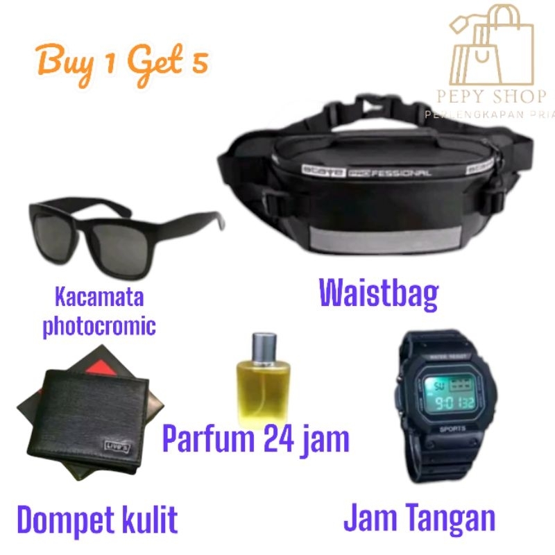 PROMO PAKET LENGKAP HEMAT ISI 5PCS WAISTBAG TAS PINGGANG SELEMPANG PRIA KACAMATA PHOTOCROMIC JAM TAN
