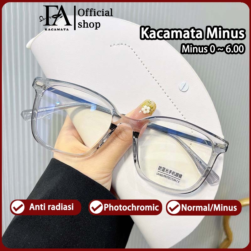 FOMAMATA Kacamata Minus Wanita Anti Radiasi Photocromic  Logam+TR90 Persegi Frame Kaca Mata Optik