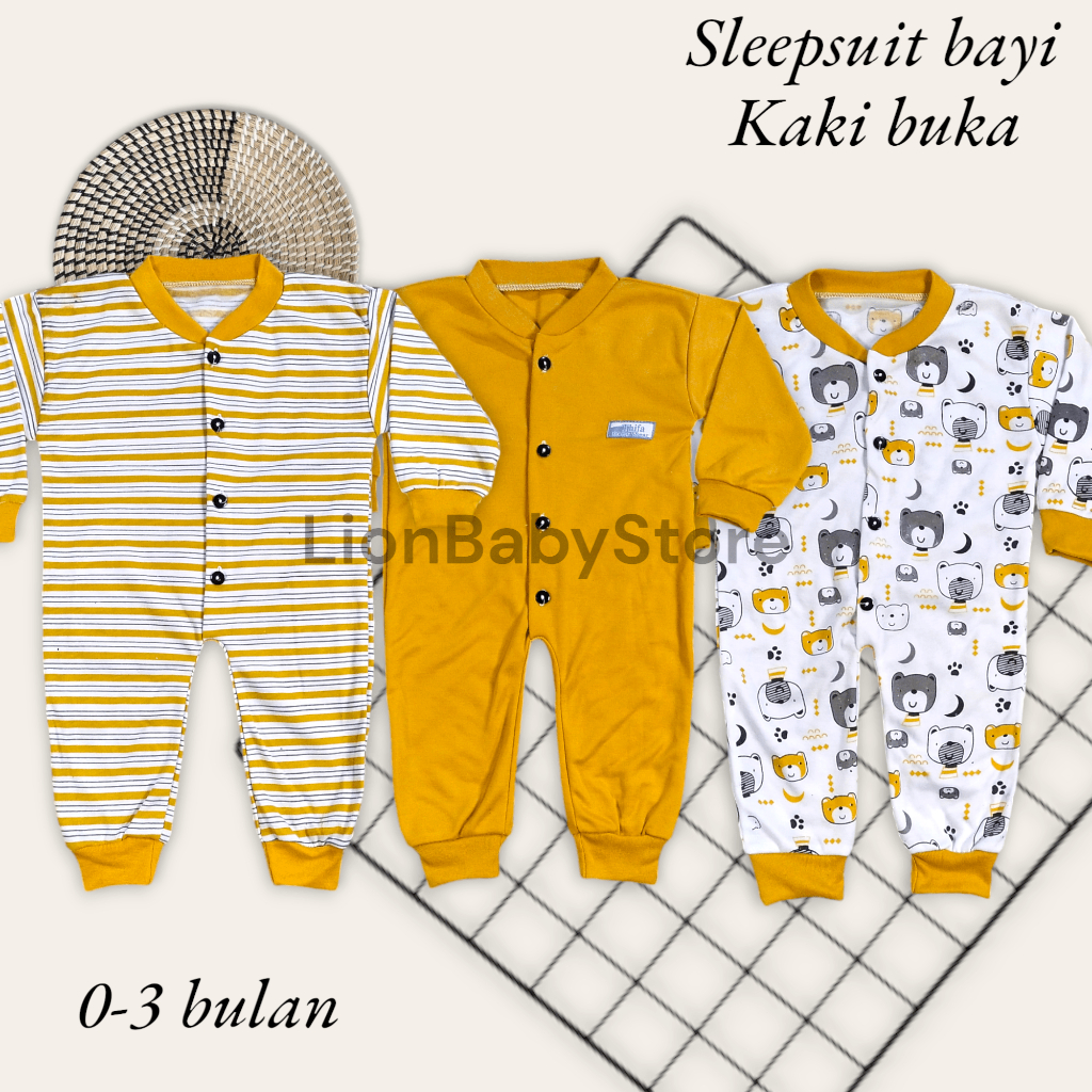 ISI 3 PCS Sleepsuit Bodysuit jumpsuit Baju Tidur Bayi 0-6 Bulan Varian buka warna kuning mustard