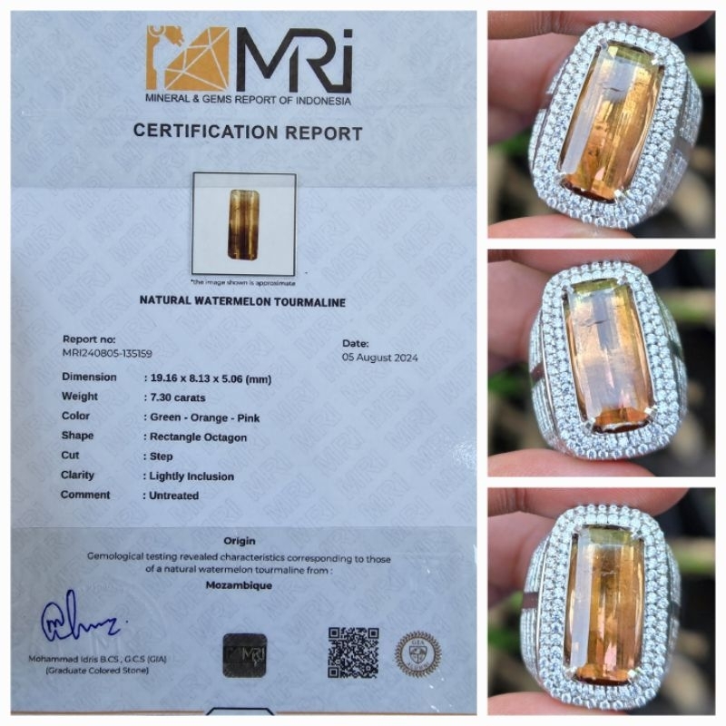 Natural Watermelon Tourmaline Sertifikat 7.30 crt