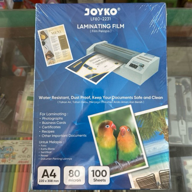 

( 1 pack = 100 lembar ) Joyko Laminating Film A4 80 micron / Film Pelapis Plastik 100 Lembar LF80-2231