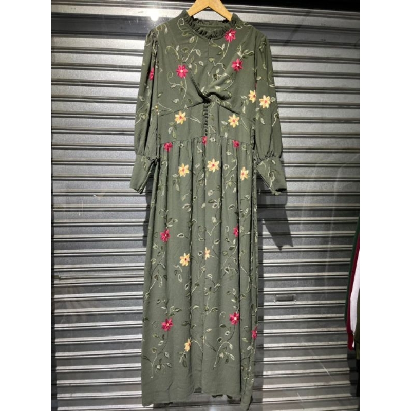 Meijiwang Dress Lesti Bordir Sulam full Crinkle full bordir bunga rambat / gamis busui sleting depan