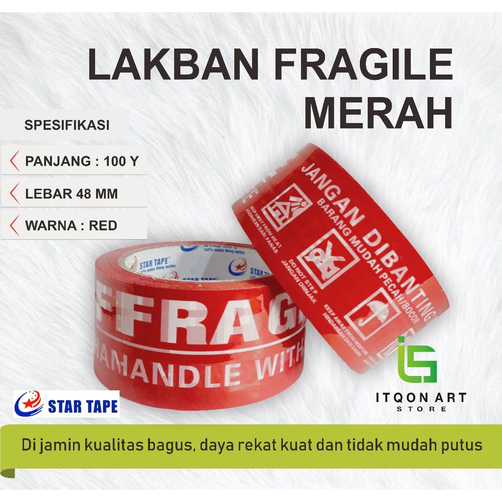 

LAKBAN FRAGILE MERAH(PER PCS) 48 MM X 72/90/100 YARD STARTAPE JANGAN DIBANTING!!