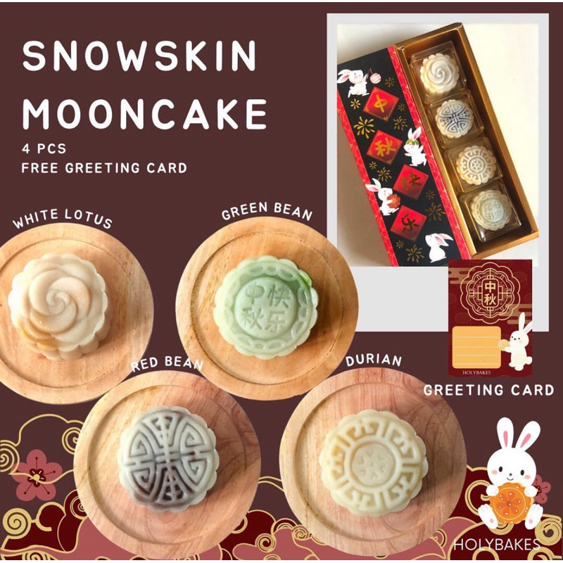 

Snowskin Mooncake Premium Mini 1 Box isi 4pcs HALAL (White Lotus, Durian, Red bean dan Green Bean)