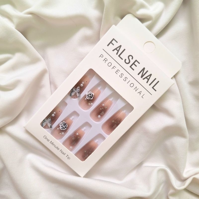 Kuku Palsu Fake Nails Motif Bunga Kupu Kupu Mutiara FREE TOOLKIT Premium Nail Art Menicure Pedicure 