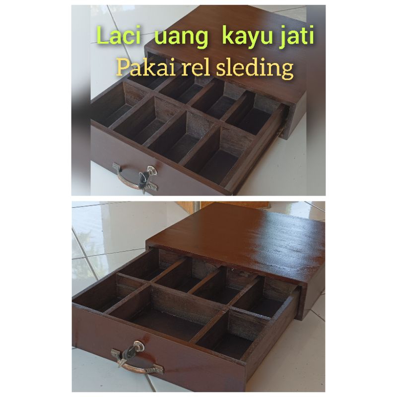 laci uang kasir dari kayu jati skat 7 dan 8 skat uang pakai rel sleding