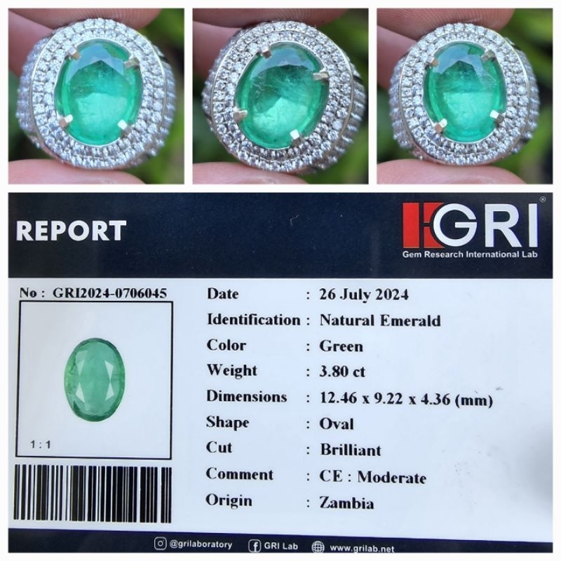 Natural HQ Green Emerald Zamrud Zambia Top Luster Memo 3.80 crt