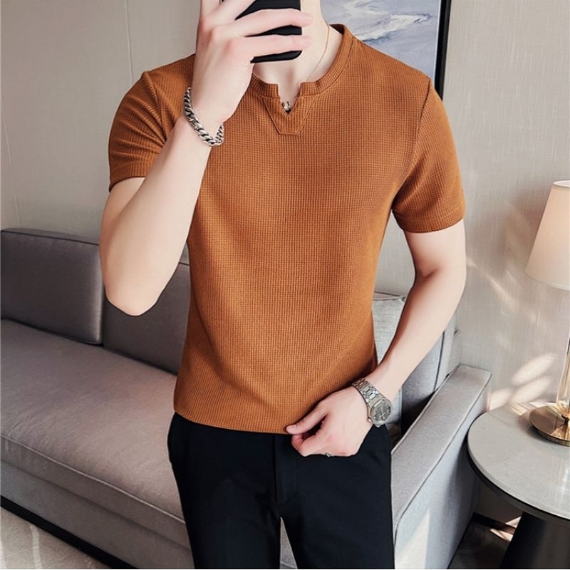 kaos V Neck waffle pria Terlaris / Kaos V Neck waffle pria Lengan pendek / baju Kaos V Neck waffle p