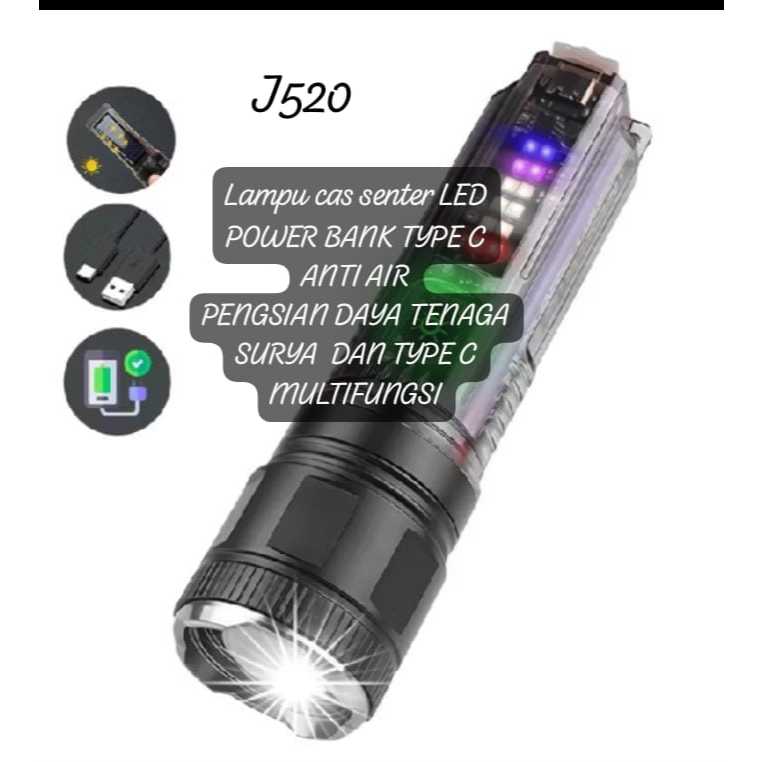 J520 ORIGINAL LAMPU CAS POWER BANK PB SENTER LED LASER ZOOM POWERBANK TYPE C MULTIFUNGSI SENTER CAH