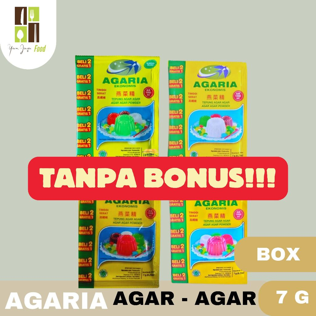 

Agaria Tepung Agar Agar / Agar-Agar Powder / Ekonomis / Hijau / Putih / Merah / Coklat 7g / 1 BOX TANPA BONUS