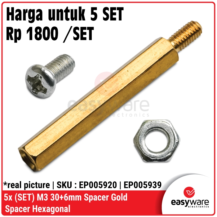 5x SET Spacer M3 30mm with Screw and Nut Spacer Gold Hex 3cm Male to Female SET dengan Mur dan Baut