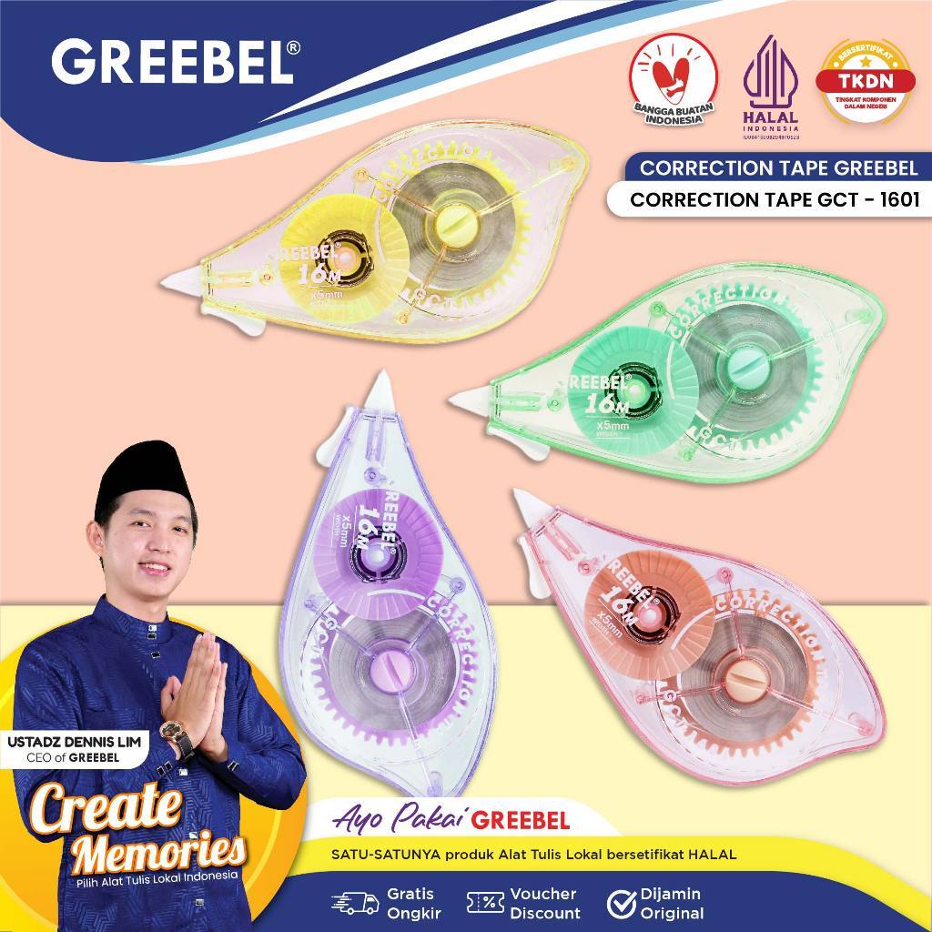

Correction Tape Greebel GCT-1601 16 M x 5 mm / Stipo Kertas / Tipe - X / Tip X / Pita Koreksi