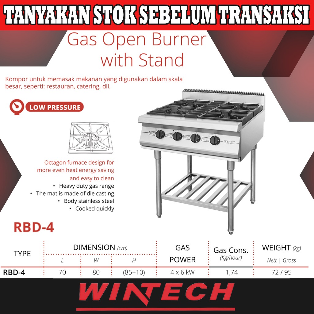 Getra RBD-4 Gas Open Burner With Stand Kompor Skala Besar 4 Tungku - Kompor Untuk Pemakaian Komersia
