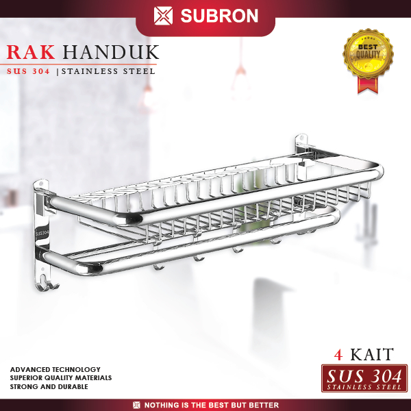 SUBRON SUS 304 Rak Dinding Kamar Mandi 4 Kait Tempat Penyimpanan Handuk Baju Multifungsi Stainless S