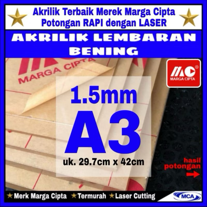 

AKRILIK lembaran 1.5mm A3 / Akrilik bening / Marga cipta / Acrylic