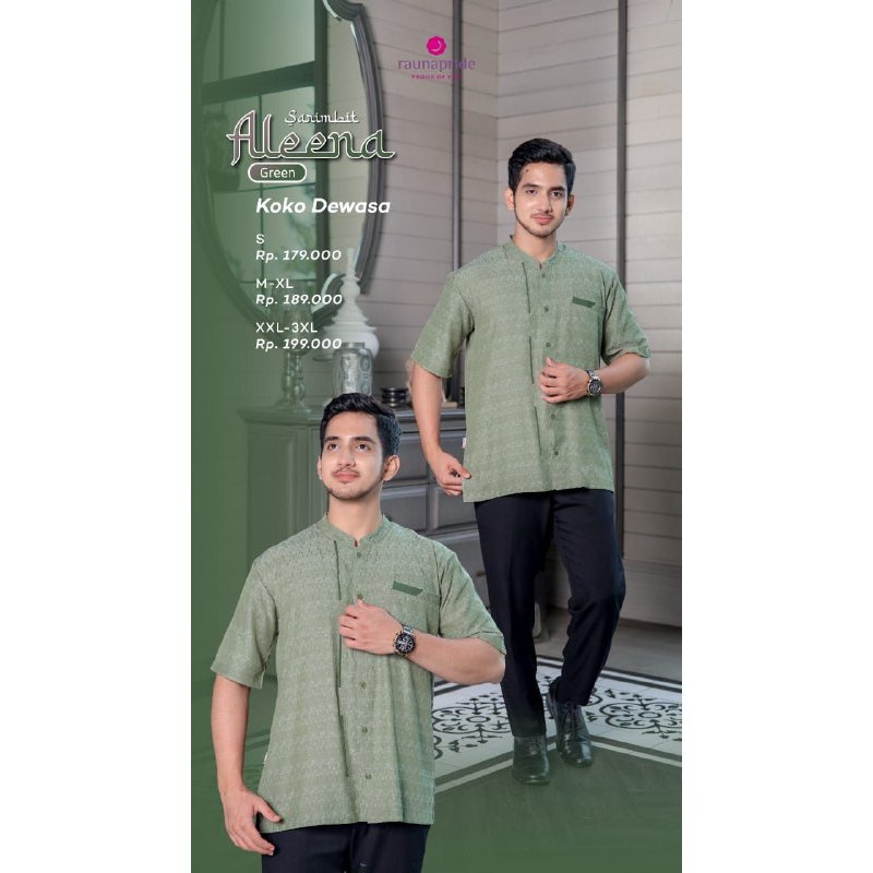 Rauna Sarimbit Aleena Baju Koko Pria Cappucino Grey Tera Green Lengan Pendek Bahan Dobby Jasmine