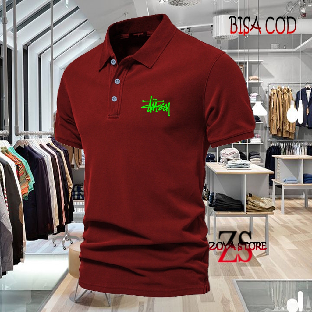 COD T-shrit POLO kerah Stussy Text Neon Kaos Kerah Dewasa Shirt / Kaos Wangki Pria Polo / Kaos Serag