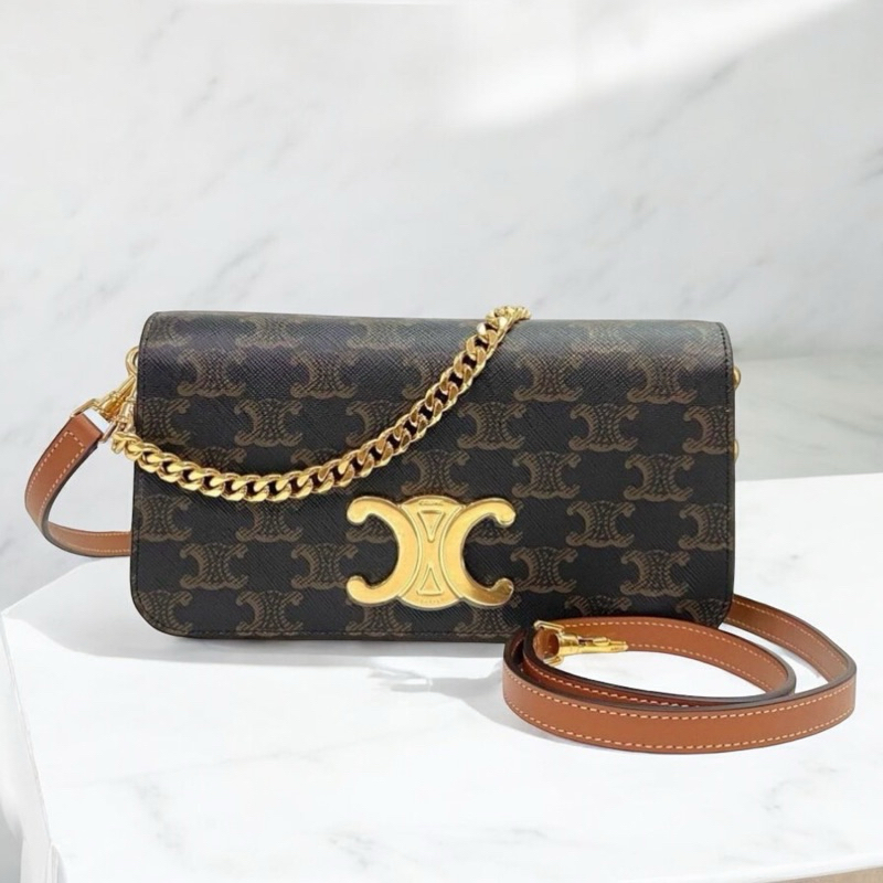 Original Celine Multipochette in Triomphe Canvas and Calfskin Chain Shoulder Bag