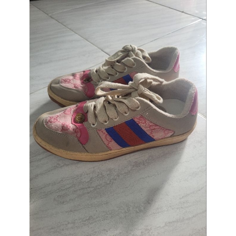 sepatu gucci GG genuine embrodired canvas shoes pink preloved