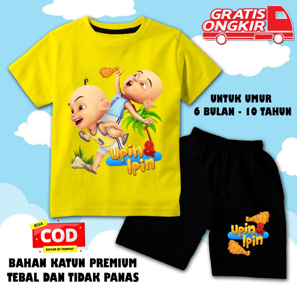 Setelan lengan pendek anak laki laki perempuan kaos pendek anak upin ipin ayam goreng celana hitam