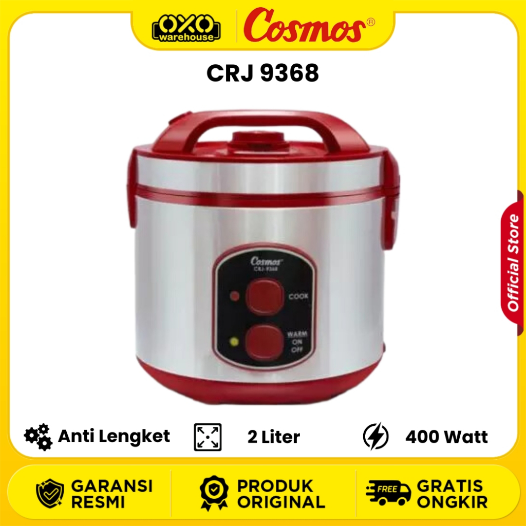 COSMOS Rice Cooker Stainless Steel CRJ-9368 Mejikom 2 Liter Anti Gores Garansi Resmi