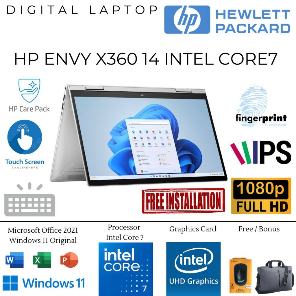 Laptop Flip HP Envy X360 14 Core 7 150U RAM 16GB 1TB SSD FHD IPS Touchscreen Windows 11 Terbaru