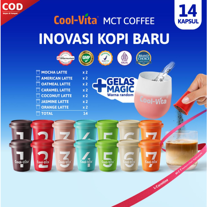 

COOLVITA MCT COFFEE MIX 14KAPSUL GRATIS GELAS MAGIC BERUBAH WARNA KOPI COOL-VITA