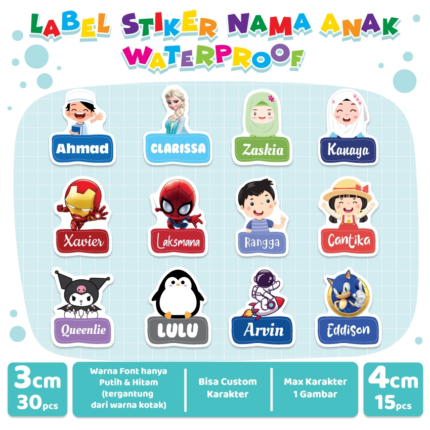 

STIKER LABEL NAMA KARAKTER CUSTOM WATERPROOF [15-30 PCS]