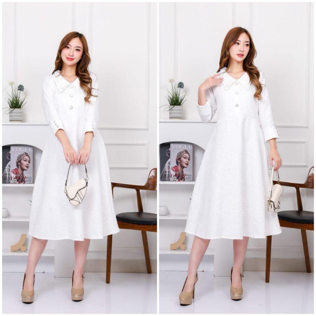 Emma.Butik E00178 Midi Dress Gaun Jacquard Formal Casual Wanita Gereja Pesta
