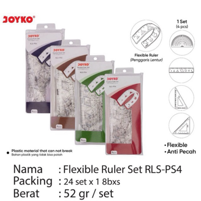 

( 1 set = 4 pcs ) Transparant Flexible Ruler Set / Penggaris Busur Segitiga Lentur Anti Pecah Bening 1 set isi 4 Joyko RLS-PS4