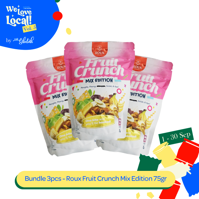 

Bundle 3pcs Roux Fruit Crunch Mix Edition 75g - Keripik Buah Kering | Nangka Pisang Salak Apel Mangga | Chips | Camilan Sehat | Rak Sebelah