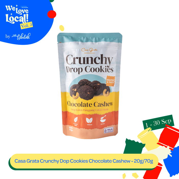 

Casa Grata Crunchy Drop Cookies Chocolate Cashew - Kukis Panggang Coklat Mede | Vegan | Gluten Free | Healthy Natural | Baked | Rak Sebelah