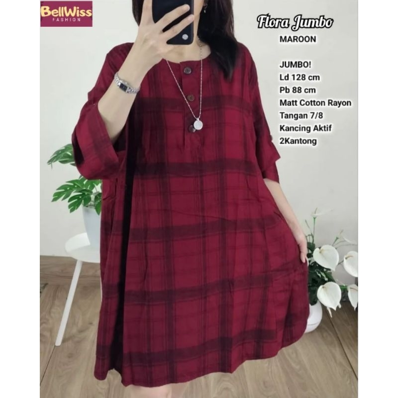 BELWISS - Flora Jumbo Blouse / Blouse Tunik Wanita Cotton Rayon Jumbo Motif Kotak-kotak