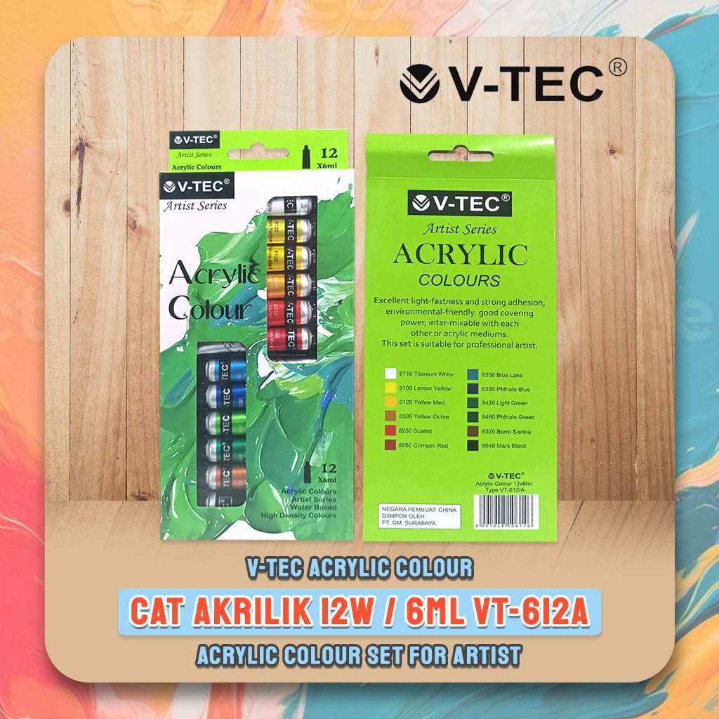 

Cat Akrilik 12W V-TEC VT-612A / Acrylic Colours 12 Warna x 6 ML - Set VTEC / Acrylic Colour V Tec Set for Artist