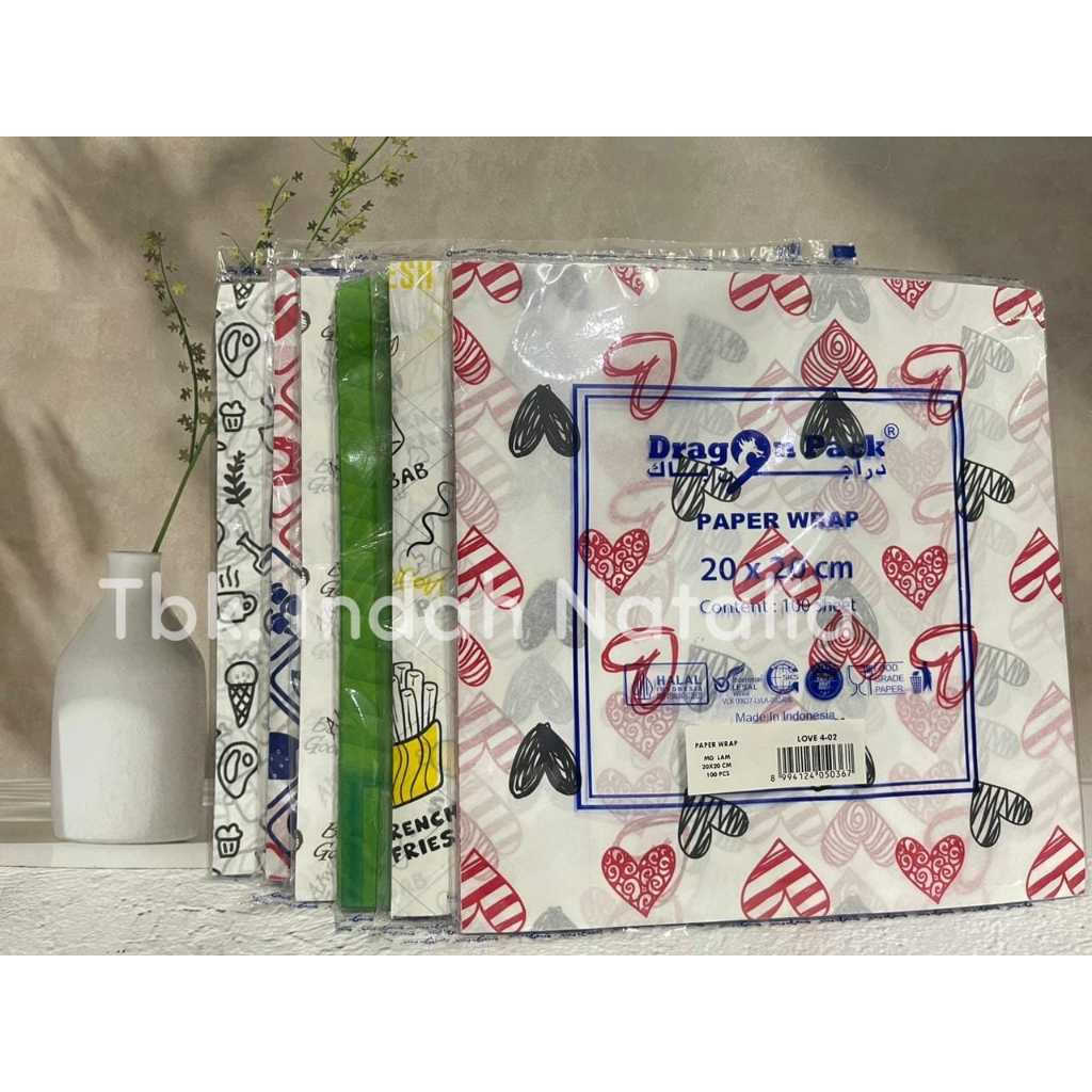 

Kertas Nasi Motif 20x20 cm Paper Wrap 100pcs Printing Laminasi Food Grade Burger Kebab Dragon
