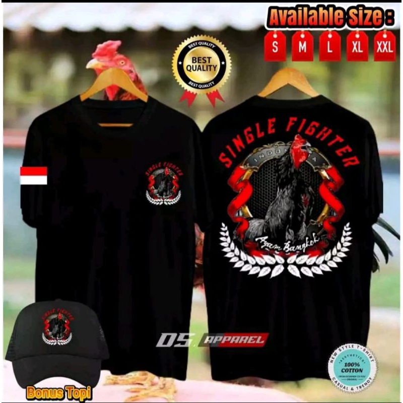 KAOS AYAM BANGKOK MOTIF MERAH PUTIH BONUS TOPI