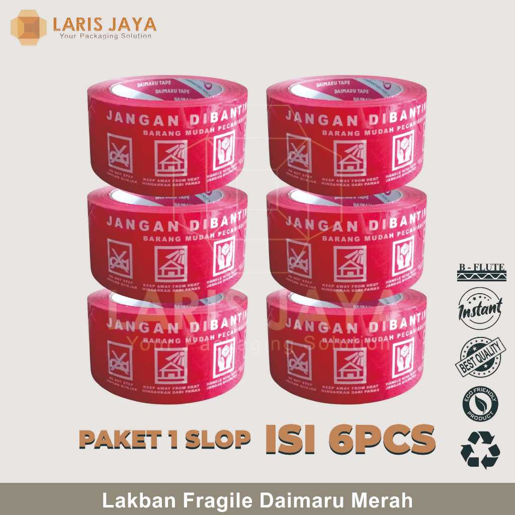 

Paket Lakban Fragile Merah 1 Slop Isi 6 Lakban Isolasi Selotip Merk Daimaru 2 Inch / 48 mm x 100 m ( Lakban DM Fragile Merah 100 m (6 pcs) )