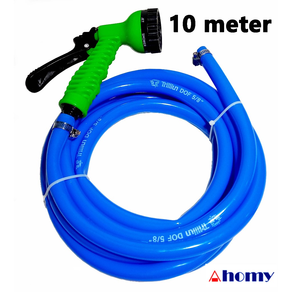 1 set 10m selang dof 5/8” trilliun, semprotan taman 7 multisprayer jt42 & 2pcs klem selang 5/8”