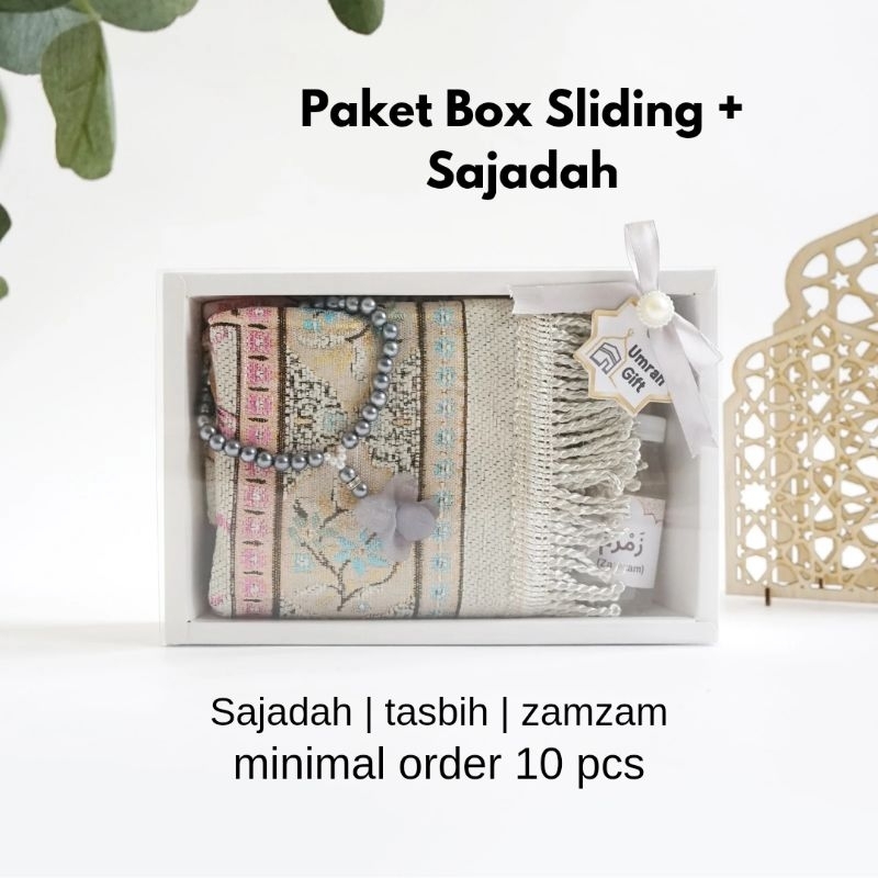 Paket Souvenir oleh oleh umroh haji sajadah box mika tasbih dan zam zam 100% (silahkan diuji)