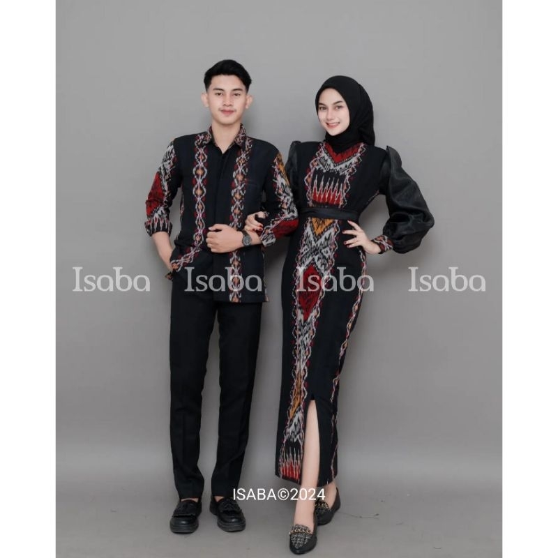 ISABA - BAJU TENUN COUPLE - COUPLE DRESS KARTINI HITAM - DRESS WANITA COUPLE LEBARAN PASANGAN