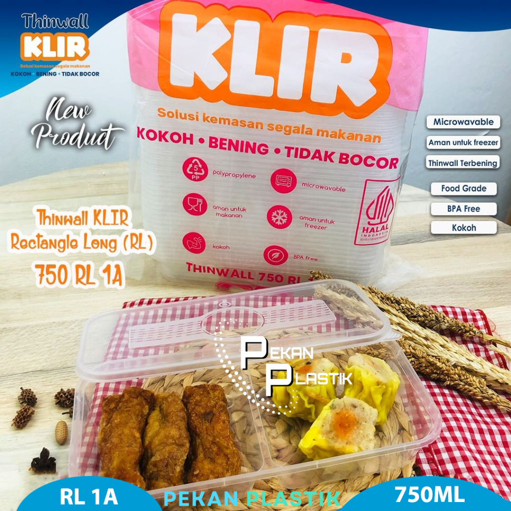 Thinwall KLIR Rectangle Long 750 ml Sekat 2 | Thinwall Persegi Panjang 750ml Sekat 2| Alas + Tutup