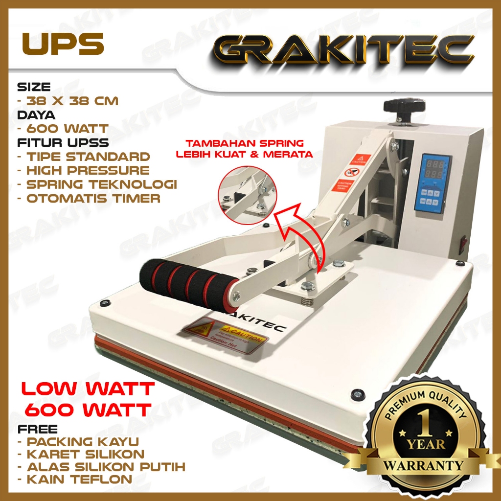 Grakitec Mesin Heat Press Type UPS Sablon Kaos 38x38 600 Watt pku