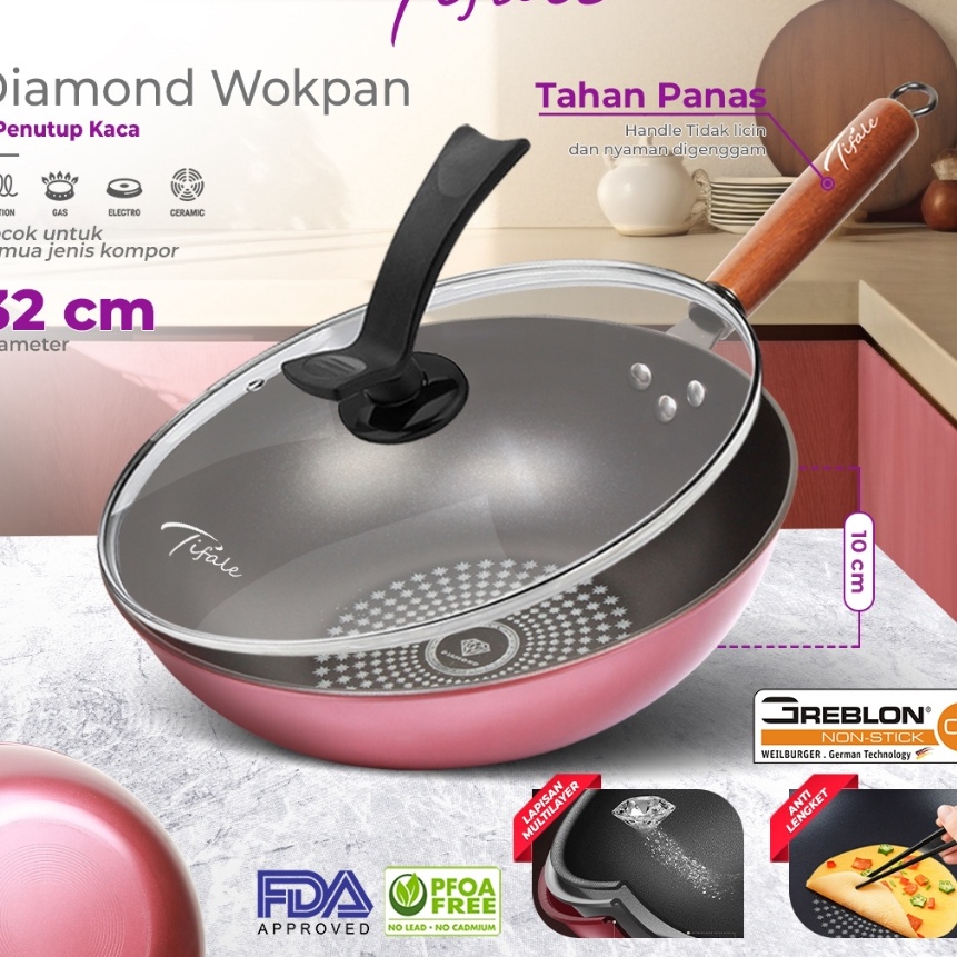 KP8 READY STOCK Tifale Diamond Wok Pan Tutup Kaca Wajan Penggorengan Anti Lengket Batu Medis Ukuran 