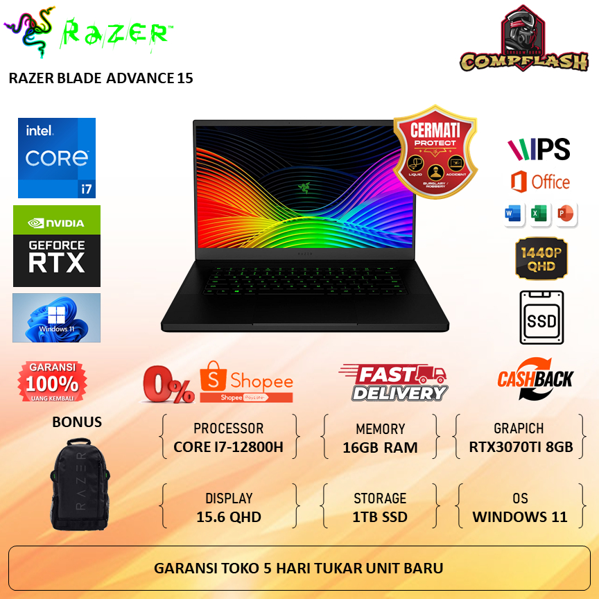 RAZER BLADE ADVANCE 15 I7 12800H RTX3070TI 8GB/ 16GB 1TB W11 15.6QHD 240HZ BLK