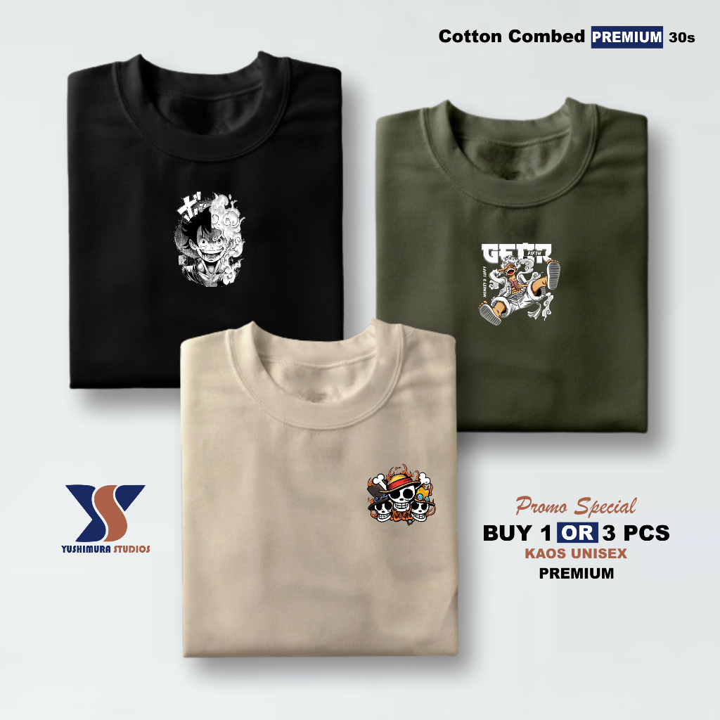 Yushimura Buy 1 Get 3 Pcs Baju Kaos Pria Distro Cotton Combed 30s Premium Anime One Piece Gear5