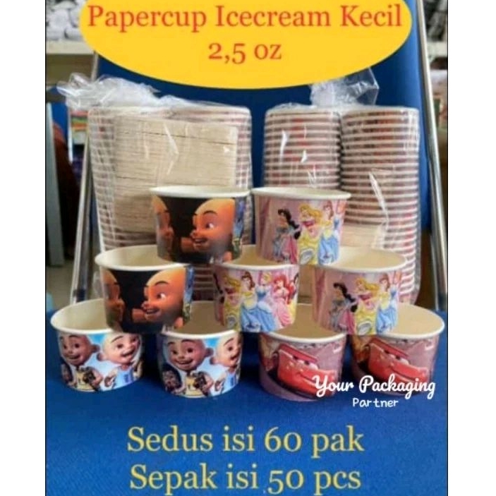 Paper Cup Ice Cream 2,5oz Motif + Sendok isi 50 Pcs/ Gelas Kertas 2oz